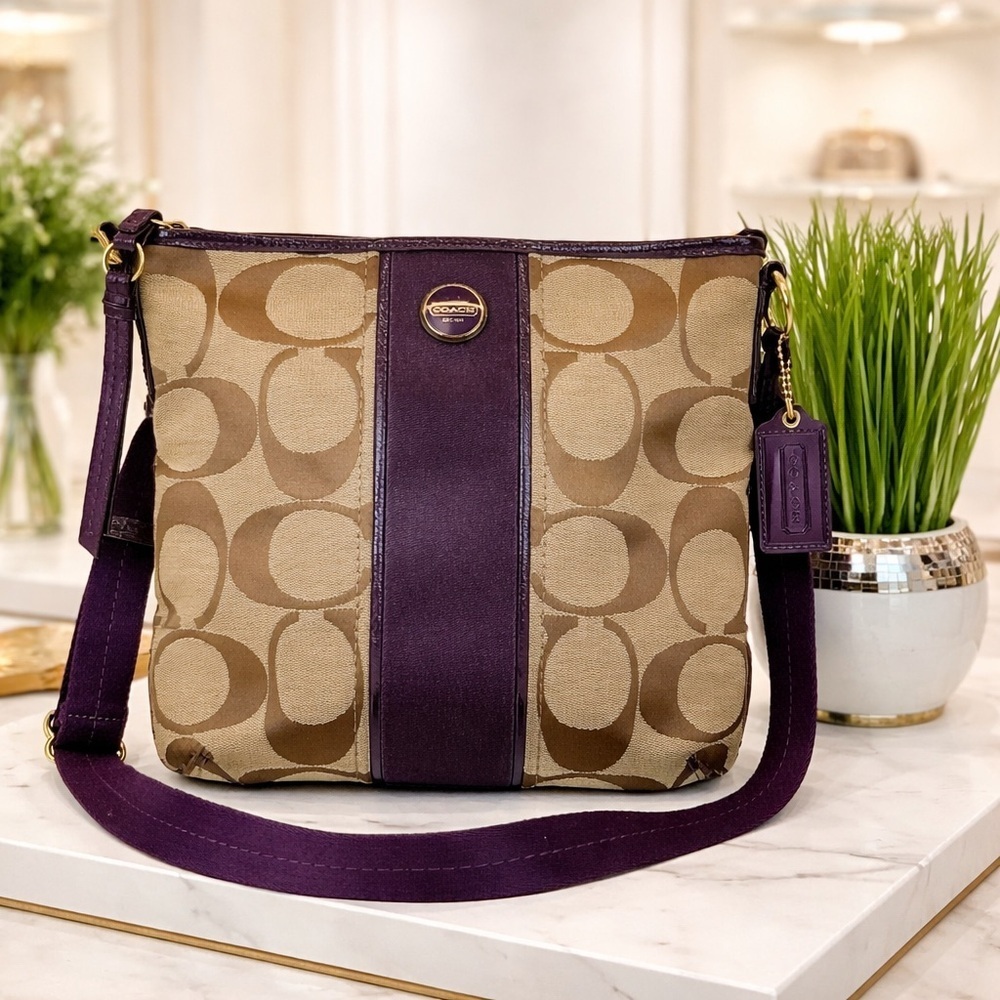 Coach F21905 Purple Khaki Signature Stripe Duffle Fabric Crossbody Shoulder‎ Bag